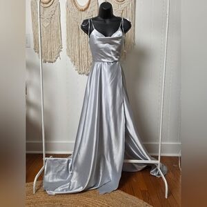 Silver Satin Formal Gown Size 2 Corset Back Slit Pockets Train Evening Dress New